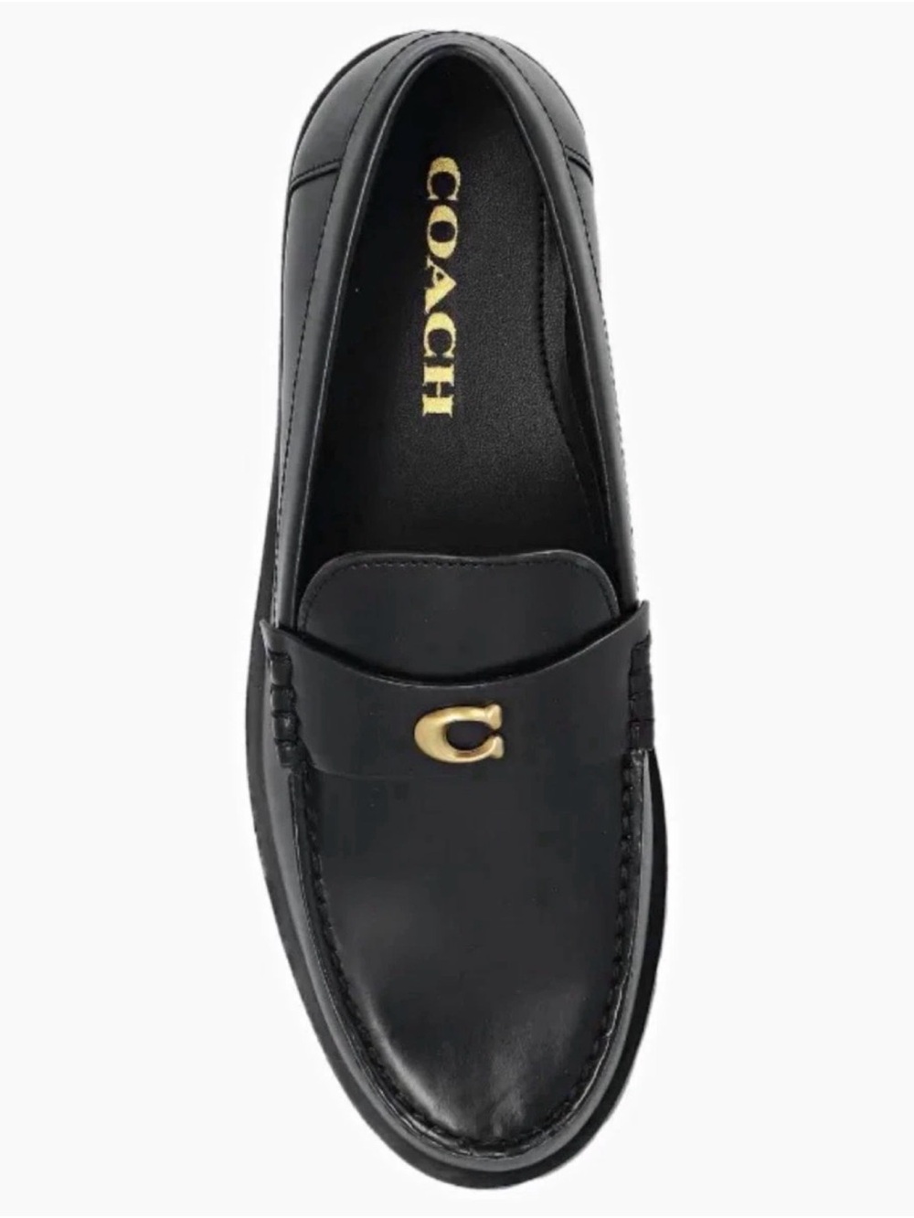 Coach Black Leather Penny Loafers with Gold 'C' Accent